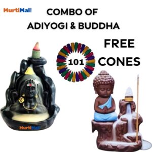 Combo Pack of 2 Smoke Fountain's “Lord Adiyogi & Buddha Statue” for Home Decor | Black| 101 Free Incense Cones