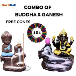 Combo Pack of 2 Set of Smoke Fountains "Lord Ganesh & Buddha Statue" for Home Decor | Black| 101 Free Incense Cones