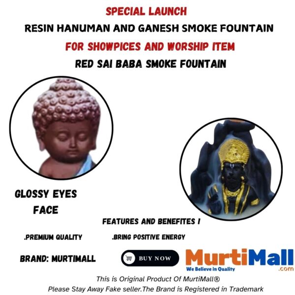 Combo Pack of 2 Smoke Fountain's “Lord Hanuman & Buddha Statue” for Home Decor | Black| 101 Free Incense Cones - Image 4
