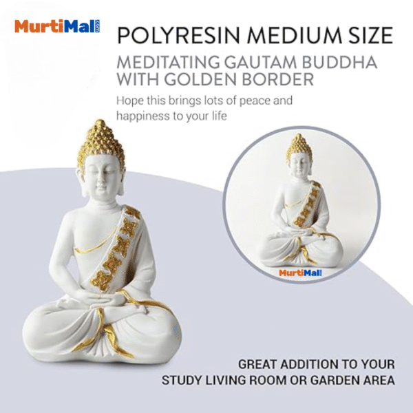 White & Gold Polymarble Buddha for Home Decor | 10 inch Buddha| White & Gold - Image 3