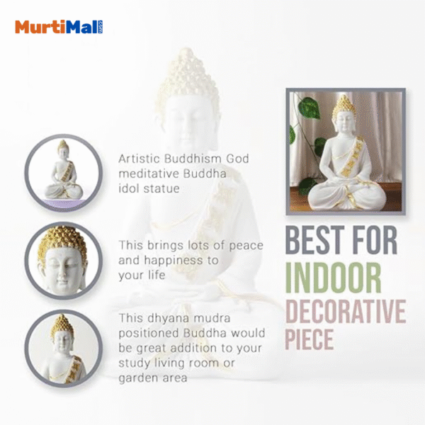 White & Gold Polymarble Buddha for Home Decor | 10 inch Buddha| White & Gold - Image 4