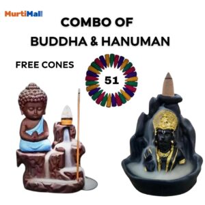 Combo Pack of 2 Smoke Fountains | Lord Buddha & Hanuman | Black| 51 Incense Cones Free