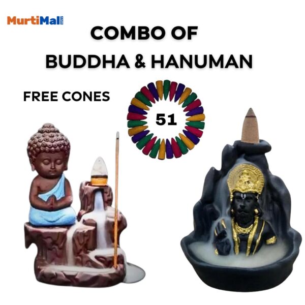 Combo Pack of 2 Smoke Fountains | Lord Buddha & Hanuman | Black| 51 Incense Cones Free