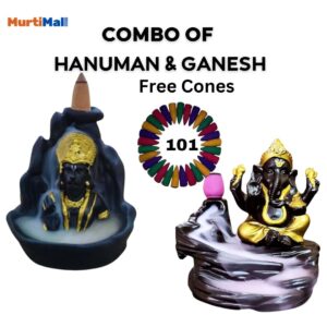 Combo Pack of 2 Smoke Fountain's “Lord Hanuman & Ganesh Statue” for Home Decor | Black| 101 Free Incense Cones