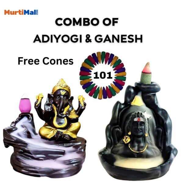 Combo Pack of 2 Smoke Fountains “Lord Ganesh & Adiyogi Statue” for Home Decor | Black| 101 Free Incense Cones