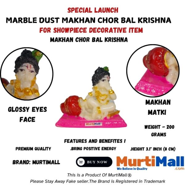 Makhan Krishna Statue – Adorable Bal Krishna Idol for Devotion & Decor - Image 5